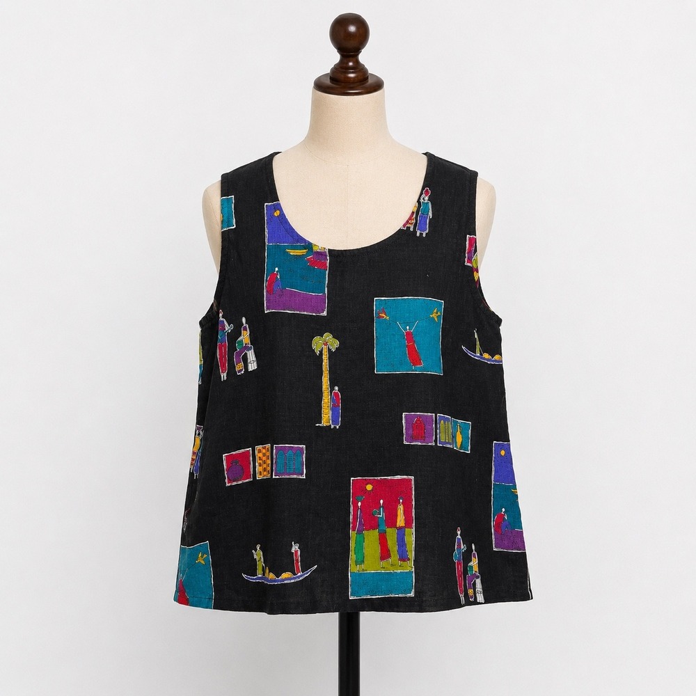 Hot Cotton Womens Large Black 100% Linen Novelty Art Print‎ Sleeveless Tank Top